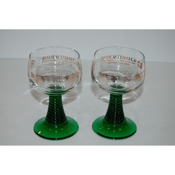 2 Vintage German SCHMITT SOHNE Cordial Wine GLASSES Goblet Green Ribbed Stem - Picture 3 of 5